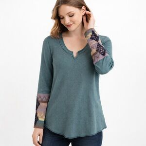 Free People Waffle Knit Long Sleeve Top Boho Embroidered Sleeve Green Size L